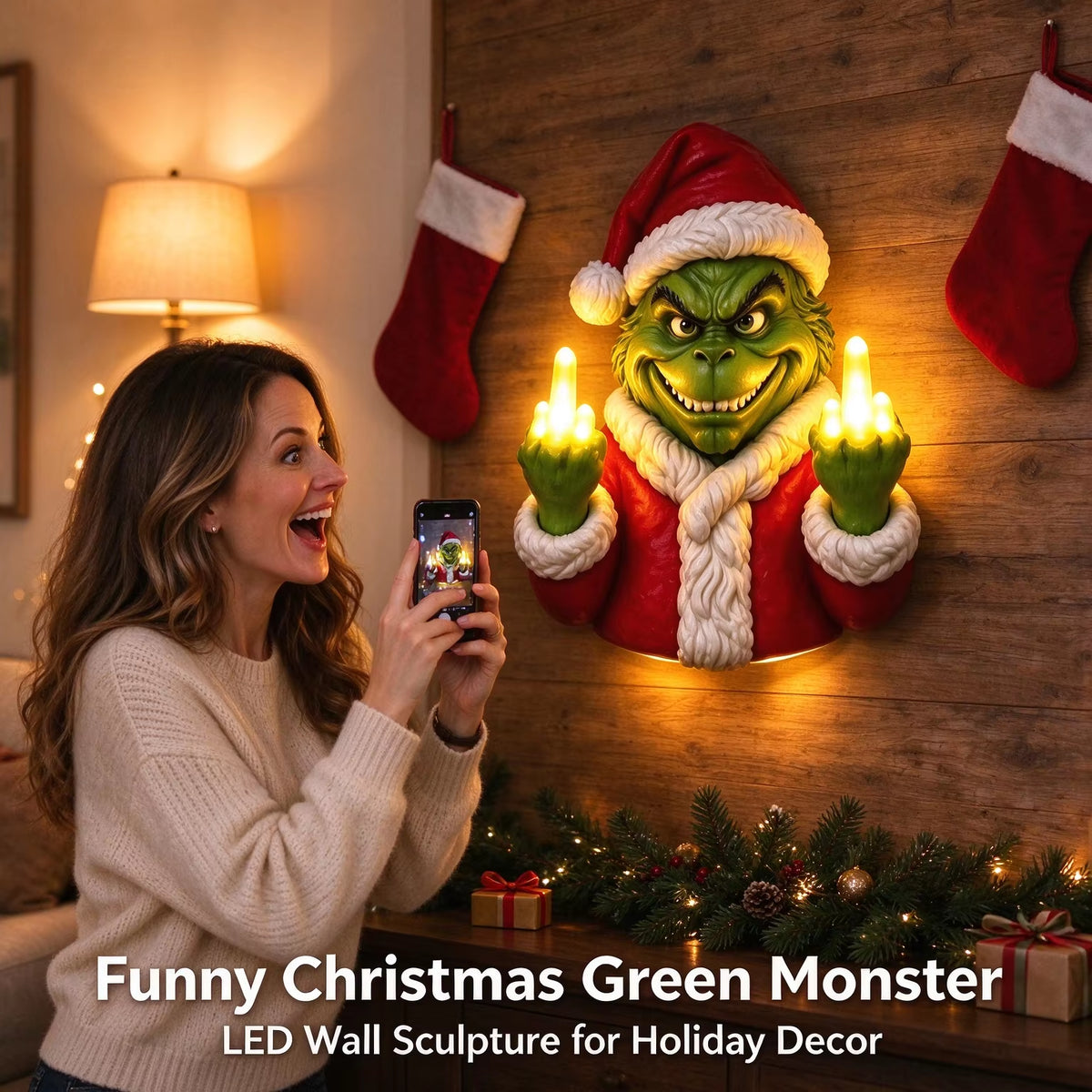 Funny LED Light Green Monster Christmas Wall Hanging Sculpture, Resin Novelty Xmas Wall Decor for Indoor Porch Holiday Party