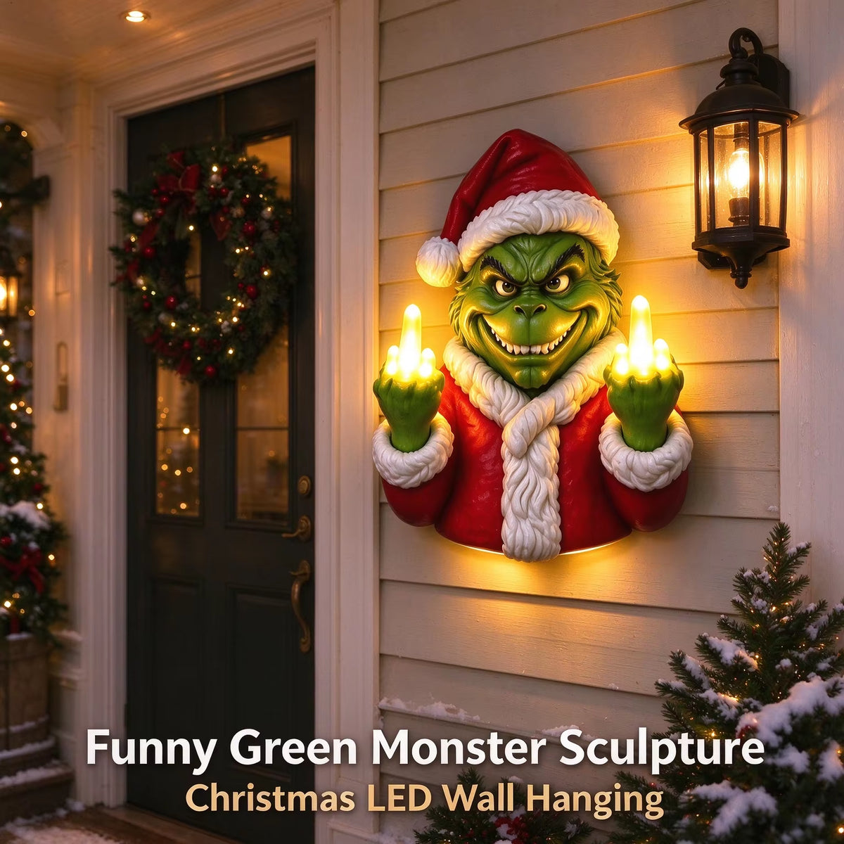 Funny LED Light Green Monster Christmas Wall Hanging Sculpture, Resin Novelty Xmas Wall Decor for Indoor Porch Holiday Party