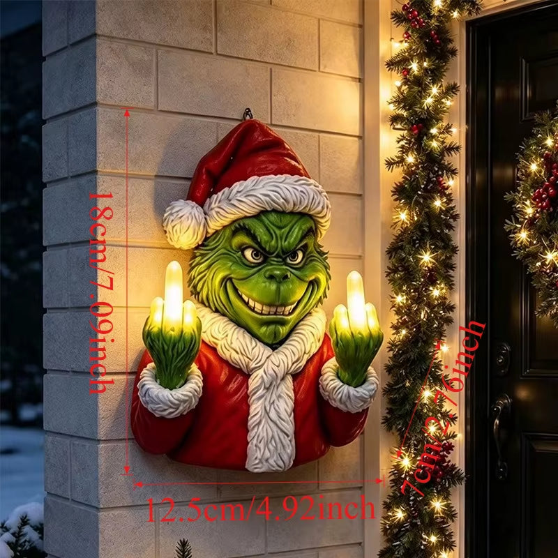 Funny LED Light Green Monster Christmas Wall Hanging Sculpture, Resin Novelty Xmas Wall Decor for Indoor Porch Holiday Party