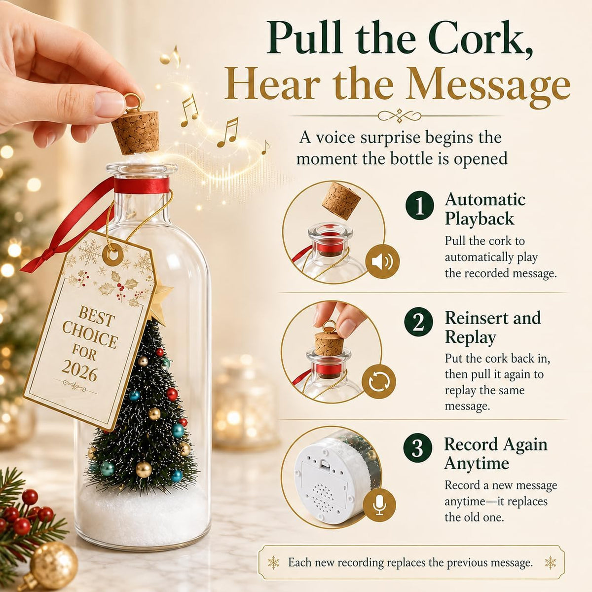 Christmas Tree Message in a Bottle, Record a Message Christmas Tree with Playback Cork, Recordable Christmas Ornament for Unique Home Xmas Festive Party (2Pcs Mix)