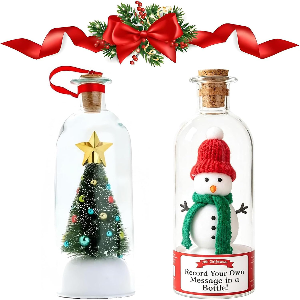 Christmas Tree Message in a Bottle, Record a Message Christmas Tree with Playback Cork, Recordable Christmas Ornament for Unique Home Xmas Festive Party (2Pcs Mix)