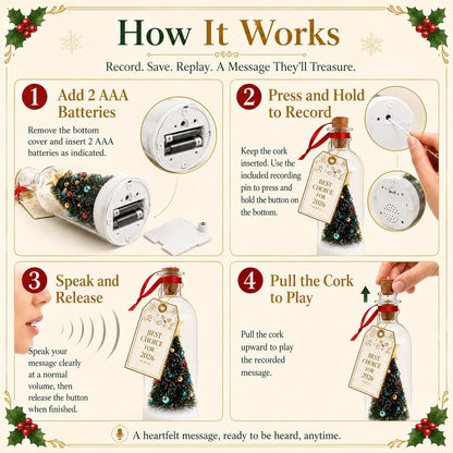 Christmas Tree Message in a Bottle, Record a Message Christmas Tree with Playback Cork, Recordable Christmas Ornament for Unique Home Xmas Festive Party (2Pcs Mix)