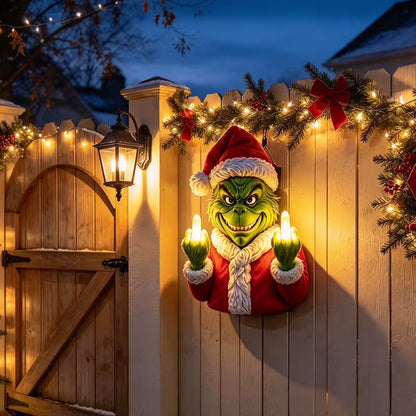 Funny LED Light Green Monster Christmas Wall Hanging Sculpture, Resin Novelty Xmas Wall Decor for Indoor Porch Holiday Party