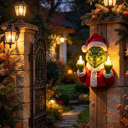 Funny LED Light Green Monster Christmas Wall Hanging Sculpture, Resin Novelty Xmas Wall Decor for Indoor Porch Holiday Party